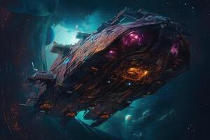 futuristic spaceship flying into a nebula illustration photo