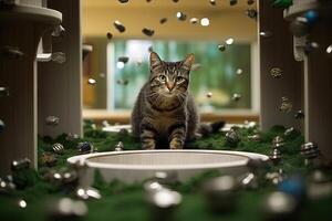 Cat discovers a hidden portal behind the litter box that leads to a parallel universe filled with catnip rivers, flying fish toys, and gravity illustration photo