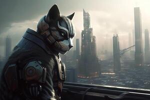 superhero cat on the edge of cyber city roof top illustration photo