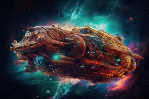 futuristic spaceship flying into a nebula illustration photo