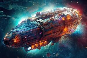 futuristic spaceship flying into a nebula illustration photo