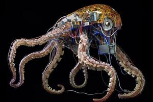 octopus cyborg animal isolated on black background illustration photo