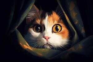 curious calico cat peeks out from behind a curtain illustration photo