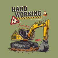 Hardworking yellow excavator, construction machines. Vector illustration