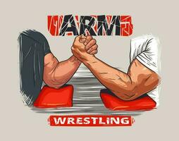 Two men fighting arm wrestling. Hand drawn vector illustration