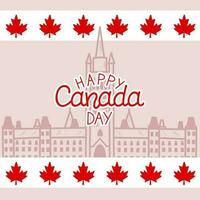 Happy Canada Day. Doodle style postcard. Parliament Hill and maple leaf. National symbols of country. Beautiful handwritten inscription. vector