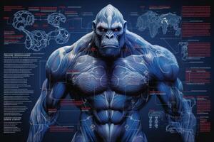 Gorilla ape monkey cyborg animal detailed infographic, full details anatomy poster diagram illustration photo