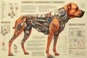 perro cyborg animal detallado infografía, lleno detalles anatomía póster diagrama ilustración generativo ai foto