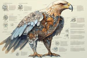 águila pájaro cyborg animal detallado infografía, lleno detalles anatomía póster diagrama ilustración generativo ai foto