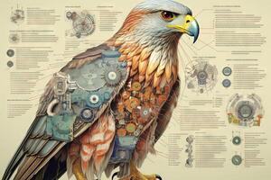 Falcon bird cyborg animal detailed infographic, full details anatomy poster diagram illustration photo