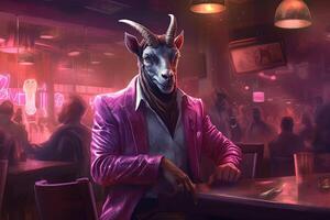 Goat pink gangster in neon bar illustration photo