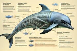 delfín cyborg animal detallado infografía, lleno detalles anatomía póster diagrama ilustración generativo ai foto