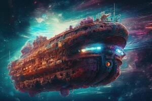 futuristic spaceship flying into a nebula illustration photo
