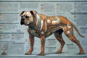 perro cyborg animal detallado infografía, lleno detalles anatomía póster diagrama ilustración generativo ai foto