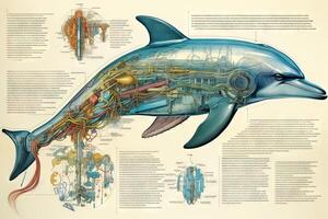 Dolphin cyborg animal detailed infographic, full details anatomy poster diagram illustration photo