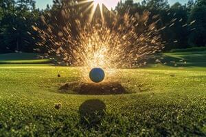 detalle de golf pelota golpeado por el club, pelota punto de vista, explosiones de césped y energía en el columpio ilustración generativo ai foto