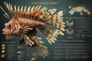 Lion fish cyborg animal detailed infographic, full details anatomy poster diagram illustration photo