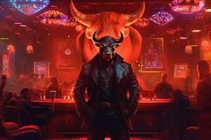 bull gangster in red neon bar illustration photo