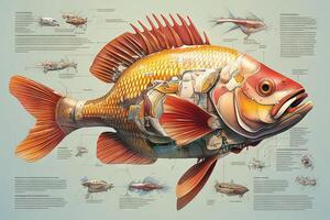 Gold fish cyborg animal detailed infographic, full details anatomy poster diagram illustration photo