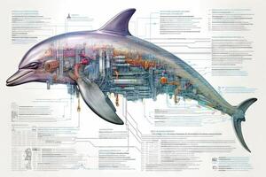 Dolphin cyborg animal detailed infographic, full details anatomy poster diagram illustration photo