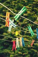 delicate flower milk pinned to paper clips on a rope to dry underwear photo