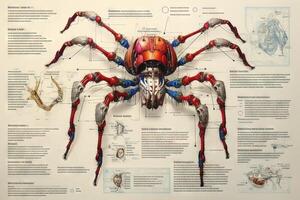 saltando araña cyborg animal detallado infografía, lleno detalles anatomía póster diagrama ilustración generativo ai foto