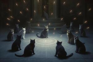 Group of cats forms a secret society dedicated to solving mysteries and unmasking the true identity of the mysterious laser pointer dot illustration photo