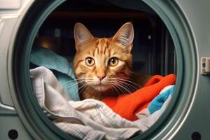 un gato felino detective llamado bigotes patas investiga un caso de desapareciendo medias, en el lavandería habitación ilustración generativo ai foto