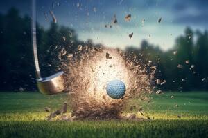 detail of golf ball striked by the club, ball point of view, explosions of grass and energy in the swing illustration photo