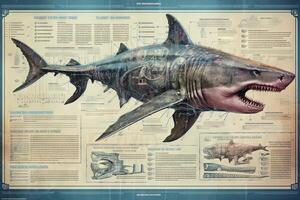 Shark cyborg animal detailed infographic, full details anatomy poster diagram illustration photo