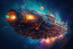 futuristic spaceship flying into a nebula illustration photo