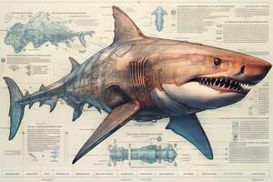 Shark cyborg animal detailed infographic, full details anatomy poster diagram illustration photo