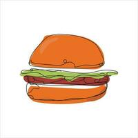 Vector burger drawing of one continuous line. Color illustration of burger in the style of one line art