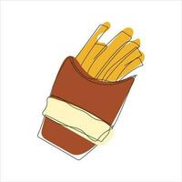 Vector French fries drawing of one continuous line. Color illustration of French fries in the style of one line art