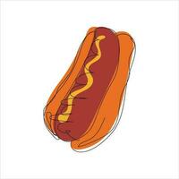 Vector hot dog drawing of one continuous line. Color illustration of hot dog in the style of one line art