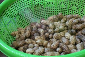 peanuts in a green plastic container. photo