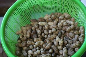 peanuts in a green plastic container. photo