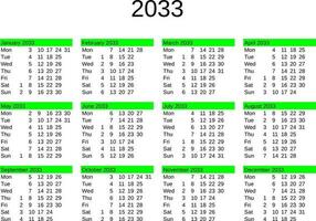 year 2033 calendar in English vector