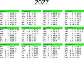 año 2027 calendario en Inglés vector