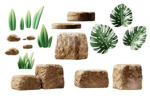 Rock stone and plant set isolated on white background 3d rendering photo