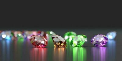 Colorful Gemstones placed on glossy reflection background, 3d rendering soft focus photo