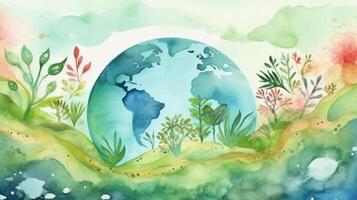 A watercolor painting of the earth with plants and a green planet save the world Eco earth. photo