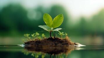 un pequeño isla con un planta creciente fuera de él, salvar el tierra eco mundo a tener un verde planeta. generativo ai foto