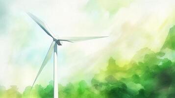 A watercolor wind turbine, green World Day to save the Earth in soft color. photo