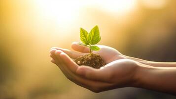 A person holding a small plant in their hands Eco world to save the earth. photo
