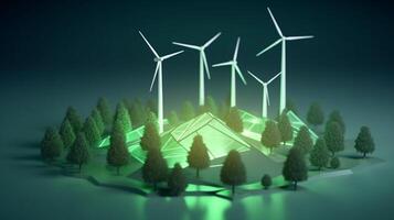 A green light is lit up over a forest of wind turbines, Earth Eco World, has a green planet. photo