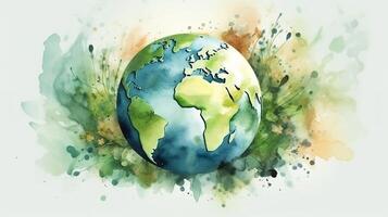 A watercolor painting of the earth with soft green and blue color wallpaper is draw. photo