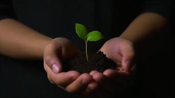un persona participación un pequeño planta en su manos ahorra el tierra eco mundo, teniendo un verde planeta. generativo ai foto