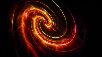 A red and yellow swirl of light is shown against a black background. photo