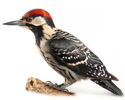 A close up of a woodpecker standing on a wooden bough with a white background. photo